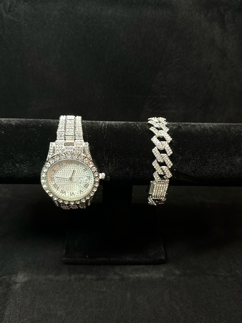 Silver Tone Rhinestone Watch & Cuban Link Bracelet Fashion Jewelry Set
